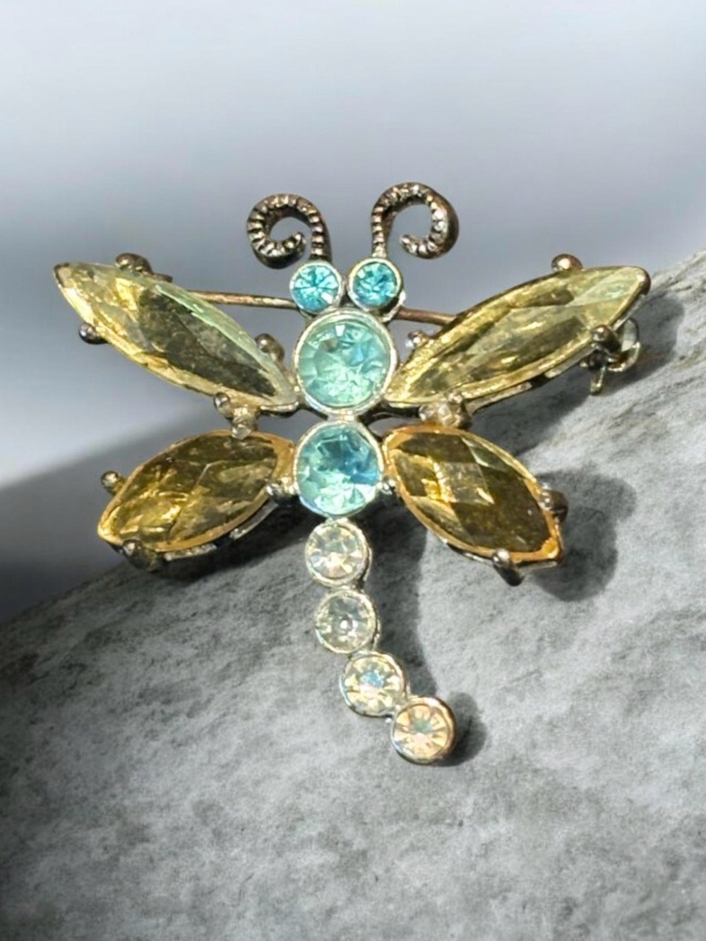Crystal Dragonfly Brooch - Blue and Yellow Rhinestones (v)